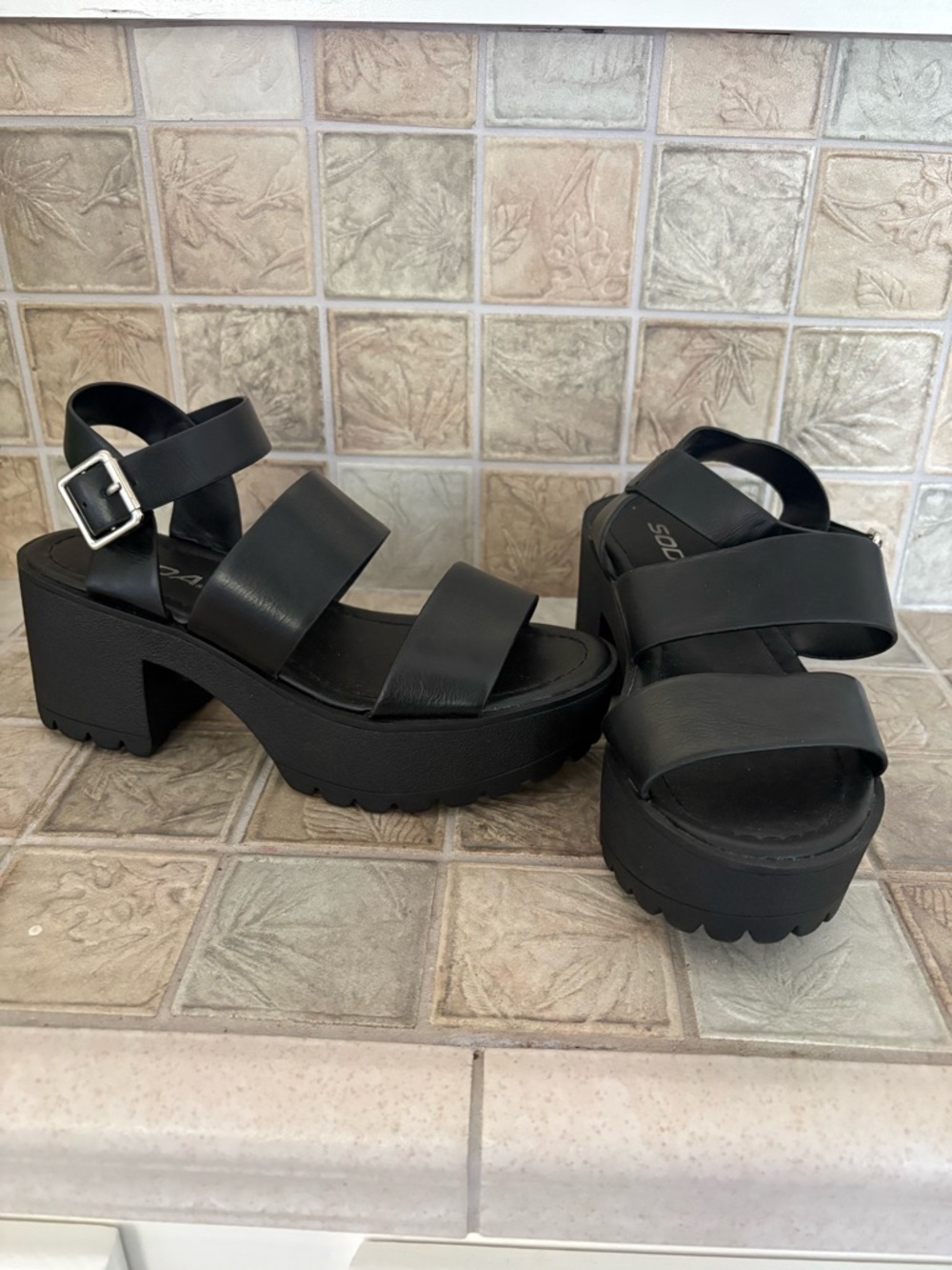 Soda Black Triple-Strap Platform Sandals with Buckle